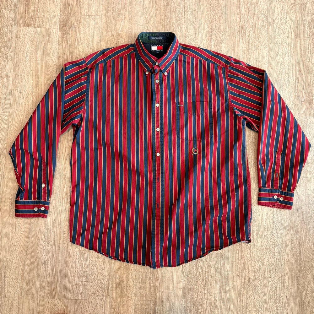 Tommy Hilfiger Red and Navy Vertical Stripe Button-Down Shirt - Men